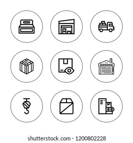 Cargo icon set. collection of 9 outline cargo icons with box, crane, conveyor, package, warehouse, stock icons. editable icons.