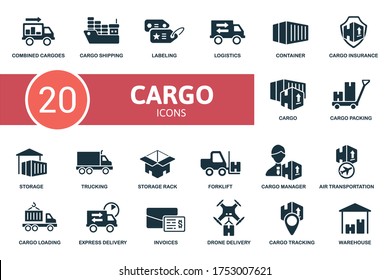 Cargo icon set. Collection contain labeling, combined cargoes, trucking, storage rack, storage and over icons. Cargo elements set.