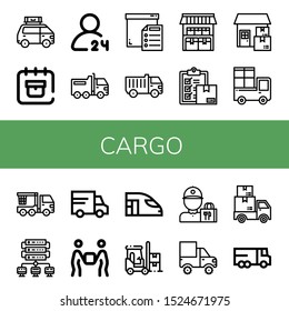 cargo icon set. Collection of Van, Delivery date, hours delivery, Truck, Box, Storage, Delivery, Crane truck, Lorry, High speed train, Forklift, guy, Cargo truck icons
