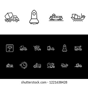 Cargo icon set and crane truck with global logistics service, moving truck and concrete mixer. Umbrella related cargo icon vector for web UI logo design.