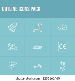 Cargo icon set and flatbed truck with speedometer, ce marking and tractor. Hook related cargo icon vector for web UI logo design.