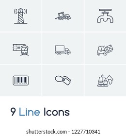 Cargo icon set and gasoline pipe with lighthouse, tag and compact excavator. Discount label related cargo icon vector for web UI logo design.