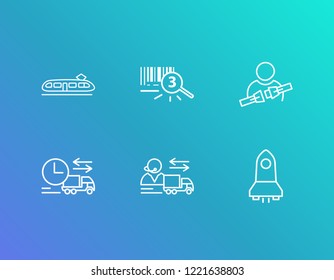 Cargo icon set and logistics support with seat belt, space vehicle and subway train. Passenger protection related cargo icon vector for web UI logo design.