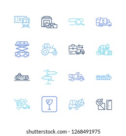 Cargo icon set and tractor with forklift, road sign and fragile sign. Package related cargo icon vector for web UI logo design.