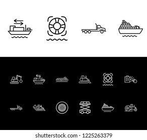 Cargo icon set and tyres with scissor lift, backhoe and lifebuoy. Vessel related cargo icon vector for web UI logo design.