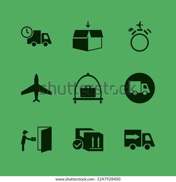cargo icon. cargo vector\
icons set open box, baggage cart, truck and traveling by car plane\
ship
