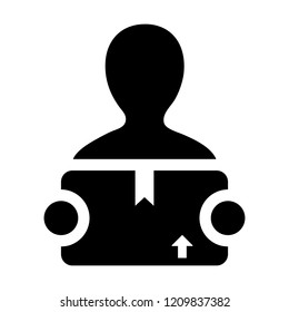 Cargo icon vector male logistics worker service person profile avatar with cargo package box for courier and delivery in Glyph Pictogram Symbol illustration