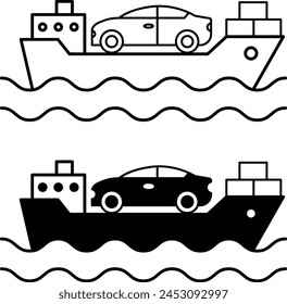 Cargo icons. Black and White Vector Icons. Cargo Ship Carrying Cars and Other Goods. Logistics and Delivery. Transport Concept