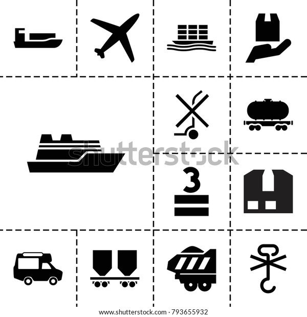 Cargo icons. set of 13 editable\
filled cargo icons such as plane, ship, van, no standing\
nearby