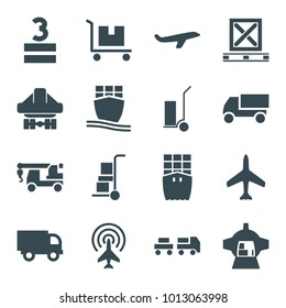 Cargo icons. set of 16 editable filled cargo icons such as plane, truck, truck with hook, luggage compartment in airplane, truck with luggage
