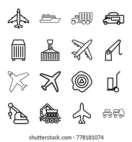 Cargo icons. set of 16 editable outline cargo icons such as plane, crane, van, arrow up, truck with luggage, truck