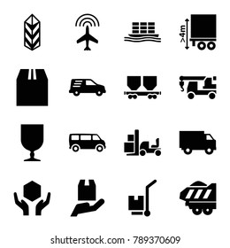 Cargo icons. set of 16 editable filled cargo icons such as plane, van, truck with hook, handle with care, delivery car, truck