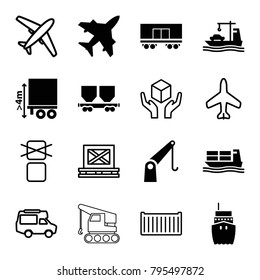 Cargo icons. set of 16 editable filled and outline cargo icons such as plane, van, handle with care