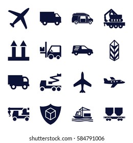cargo icons set. Set of 16 cargo filled icons such as plane, truck with hook, crane, van, forklift, delivery car