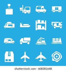 Cargo icons set. set of 16 cargo filled icons such as plane, truck, truck with hook, van, arrow up, forklift, storage