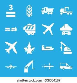 Cargo icons set. set of 16 cargo filled icons such as truck with luggage, plane, truck, truck with hook, crane, van, 3 allowed