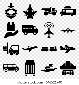 Cargo icons set. set of 16 cargo filled icons such as plane, truck with luggage, van, truck, forklift, box, ship