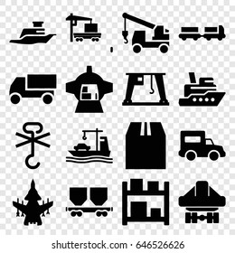 Cargo icons set. set of 16 cargo filled icons such as truck with luggage, truck, luggage compartment in airplane, ship, plane