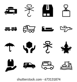 Cargo icons set. set of 16 cargo filled and outline icons such as truck with luggage, van, handle with care, delivery car, plane, truck