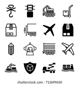 Cargo icons set. set of 16 cargo filled and outline icons such as crane, luggage compartment in airplane