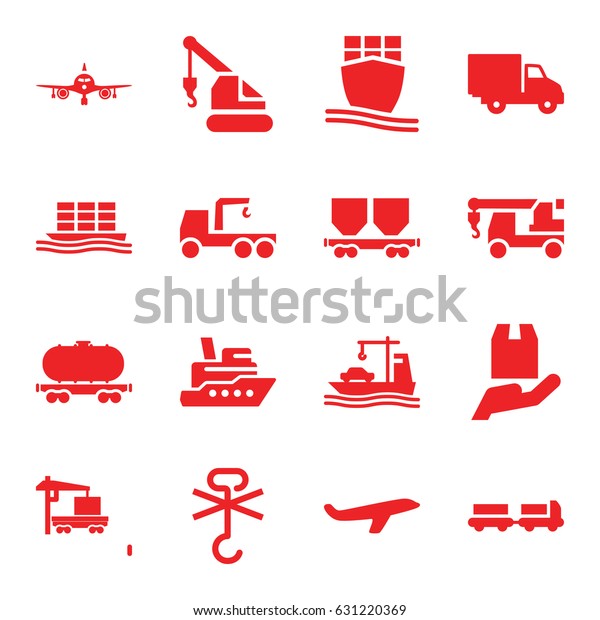 Cargo icons\
set. set of 16 cargo filled icons such as truck with luggage,\
plane, truck with hook, crane, delivery\
car
