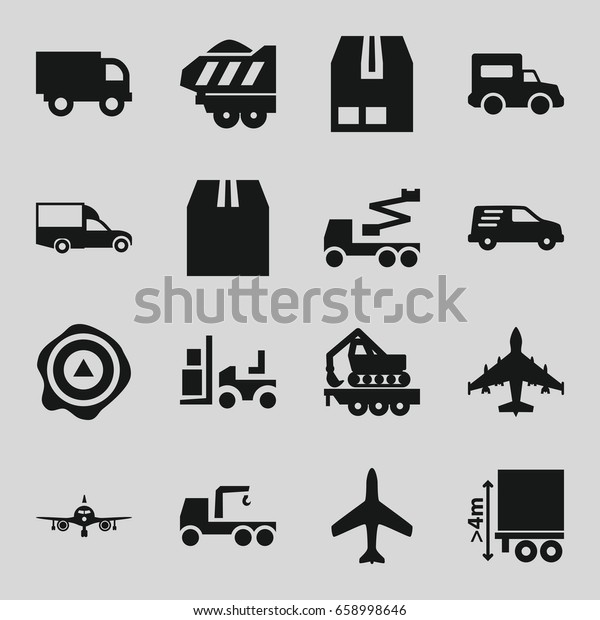 Cargo\
icons set. set of 16 cargo filled icons such as plane, truck with\
hook, crane, forklift, van, arrow up, delivery\
car