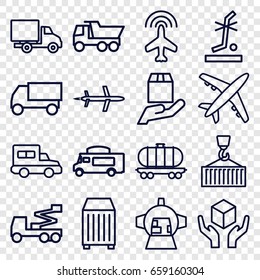 Cargo icons set. set of 16 cargo outline icons such as plane, truck, crane, van, handle with care, no standing nearby, delivery car