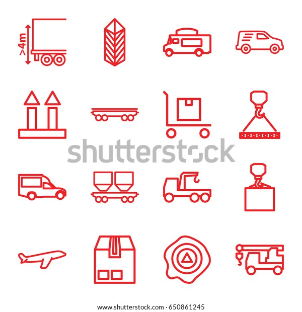 Cargo icons set. set of 16 cargo\
outline icons such as plane, truck with hook, van, arrow\
up
