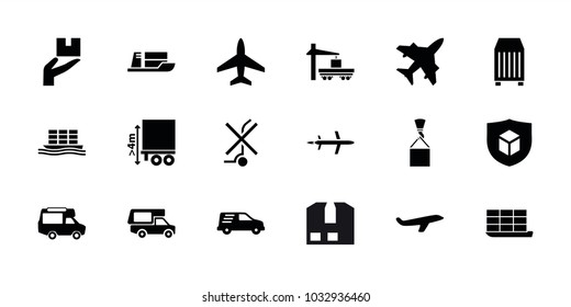 Cargo icons. set of 18 editable filled cargo icons: plane, van, delivery car, ship