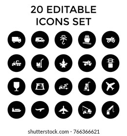 Cargo icons. set of 20 editable filled cargo icons such as plane, truck, ship, van, truck with hook