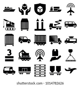 Cargo icons. set of 25 editable filled cargo icons such as plane, van, crane, ship, handle with care, 3 allowed, delivery car
