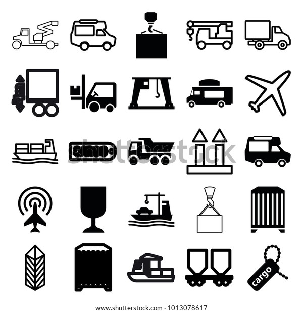 Cargo icons. set of 25 editable filled and outline\
cargo icons such as truck, van, forklift, truck with hook, plane,\
delivery car