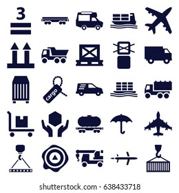 Cargo icons set. set of 25 cargo filled icons such as truck, truck with hook, van, handle with care, arrow up, 3 allowed, delivery car