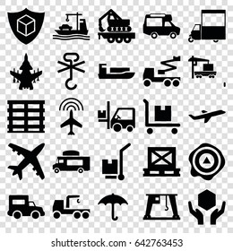 Cargo icons set. set of 25 cargo filled icons such as plane, truck with hook, crane, van, handle with care, arrow up, forklift, truck