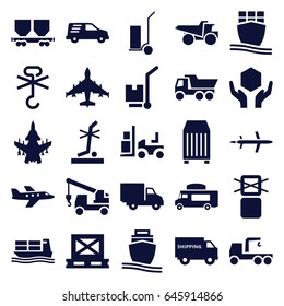 Cargo icons set. set of 25 cargo filled icons such as truck, truck with hook, forklift, van, handle with care, no standing nearby, delivery car, plane