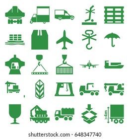 Cargo icons set. set of 25 cargo filled icons such as plane, truck, truck with hook, van, no standing nearby, luggage compartment in airplane, box