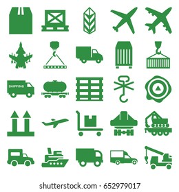 Cargo icons set. set of 25 cargo filled icons such as truck with hook, van, arrow up, delivery car, plane, truck, shipping truck