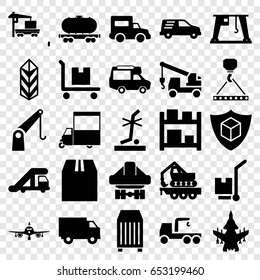 Cargo icons set. set of 25 cargo filled icons such as truck crane, plane, truck with hook, van, no standing nearby, delivery car