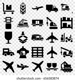 Cargo icons set. set of 25 cargo filled icons such as plane, crane, truck with hook, forklift, van, delivery car, luggage compartment in airplane, box, truck