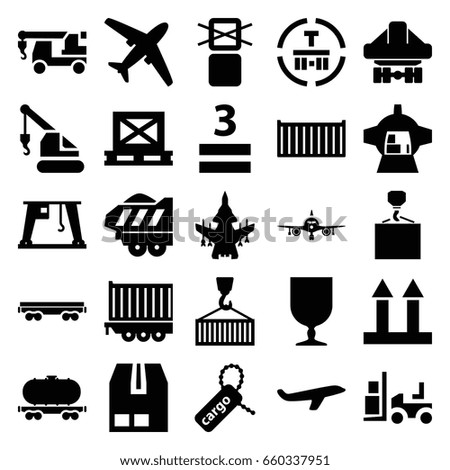 Cargo icons set. set of 25 cargo filled icons such as plane, crane, truck with hook, forklift, 3 allowed