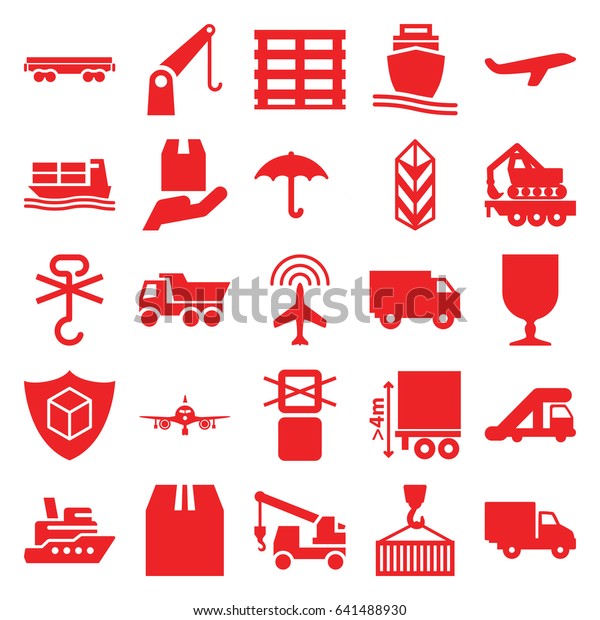Cargo icons set. set\
of 25 cargo filled icons such as plane, truck crane, truck, truck\
with hook, delivery car