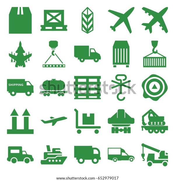 Cargo icons set. set of 25 cargo filled icons such\
as truck with hook, van, arrow up, delivery car, plane, truck,\
shipping truck