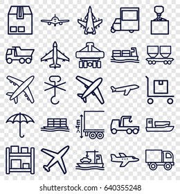Cargo icons set. set of 25 cargo outline icons such as plane, truck, truck with hook, van, ship