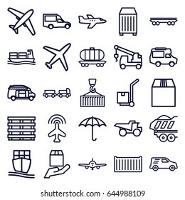 Cargo icons set. set of 25 cargo outline icons such as plane, truck with luggage, truck with hook, truck, van