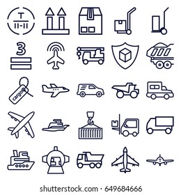 Cargo icons set. set of 25 cargo outline icons such as plane, truck, truck with hook, 3 allowed, forklift, delivery car, luggage compartment in airplane
