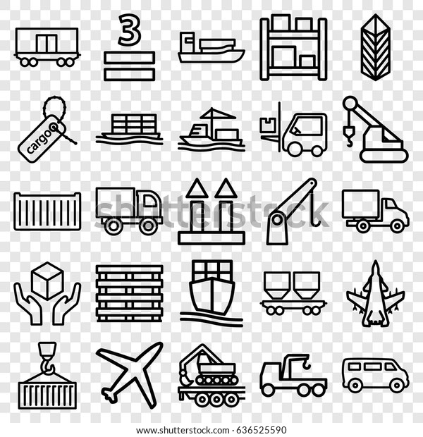 Cargo icons set. set of 25 cargo outline\
icons such as van, truck with hook, crane, handle with care, 3\
allowed, forklift, delivery car, plane,\
ship
