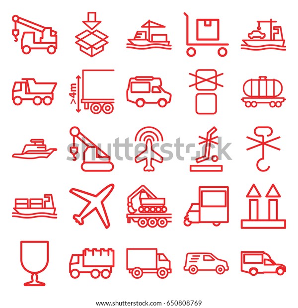 Cargo icons set. set of 25 cargo outline icons such
as plane, truck, crane, truck with hook, van, no standing nearby,
delivery car, box
