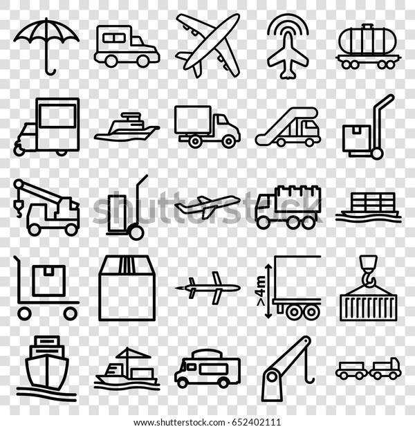 Cargo icons set.\
set of 25 cargo outline icons such as plane, truck with luggage,\
truck crane, van, delivery\
car
