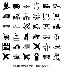 Cargo icons. set of 36 editable filled and outline cargo icons such as truck with hook, crane, truck, plane, storage, van, arrow up, 3 allowed, box, forklift