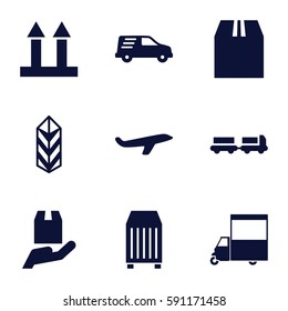 cargo icons set. Set of 9 cargo filled icons such as truck with luggage, plane, van